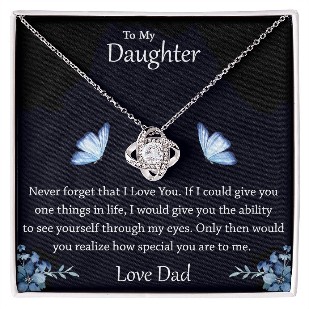 Love knot necklace gift to daughter from dad. with personal message card.