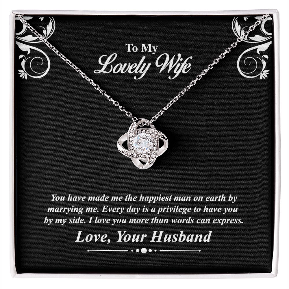 Love knot necklace gift to wife from husband. with personal message card. and jewelry box