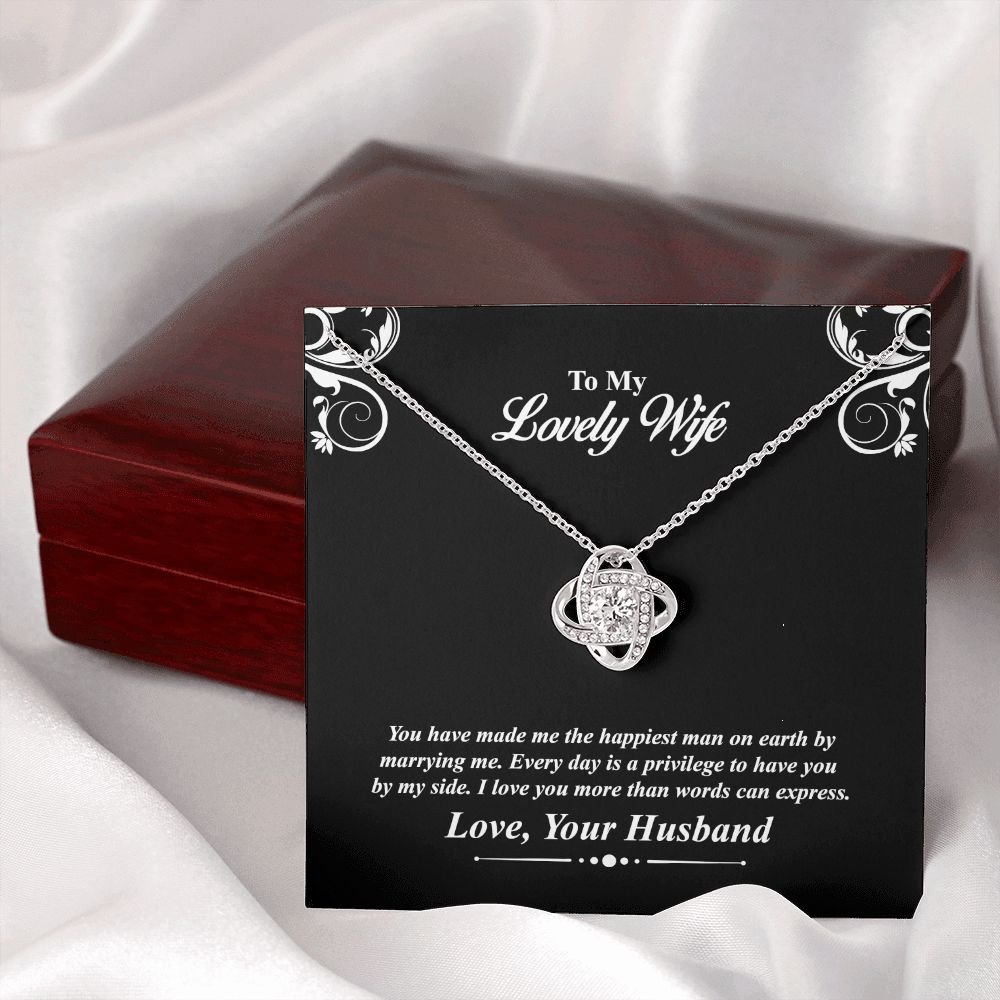 Love knot necklace gift to wife from husband. with personal message card. and jewelry box