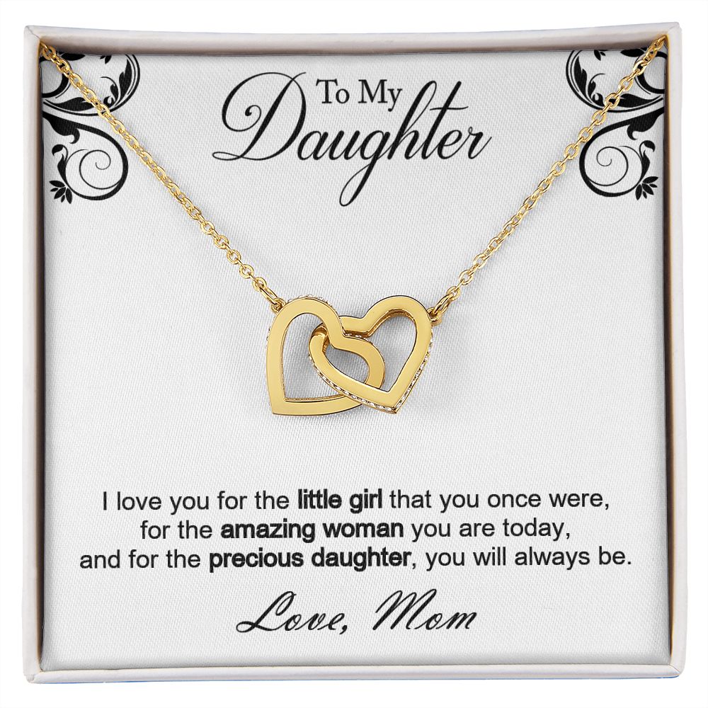 Double hearts necklace gift to my amazing daughter from mon. Gift box with personal message card. I love you for the little girl that you once were, for the amazing woman you are today, and for the precious daughter, you will always be.