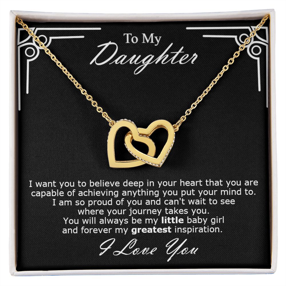 Double hearts necklace gift to my amazing daughter from mon. Gift box with personal message card I want you to believe deep in your heart that you are capable of achieving anything you put your mind to.