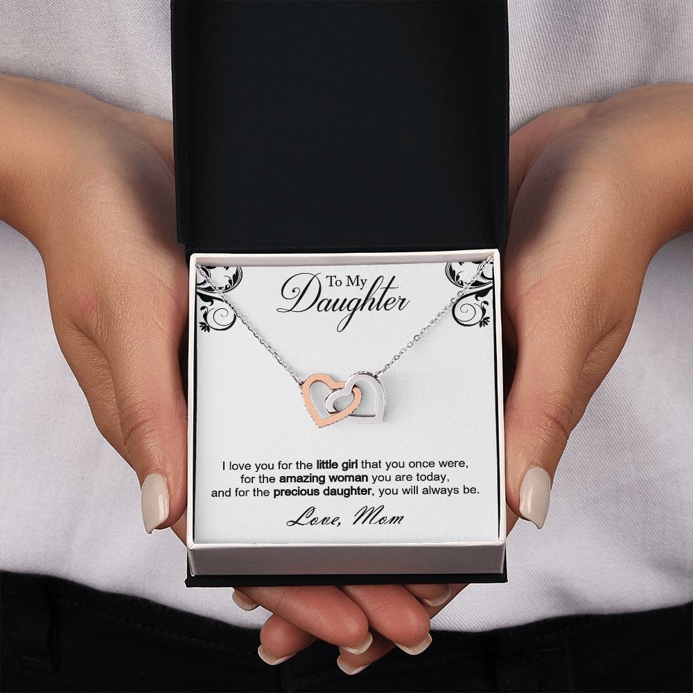Double hearts necklace gift to my amazing daughter from mon. Gift box with personal message card. I love you for the little girl that you once were, for the amazing woman you are today, and for the precious daughter, you will always be.