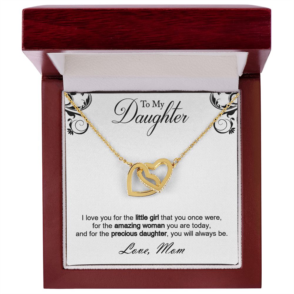 Double hearts necklace gift to my amazing daughter from mon. Gift box with personal message card. I love you for the little girl that you once were, for the amazing woman you are today, and for the precious daughter, you will always be.