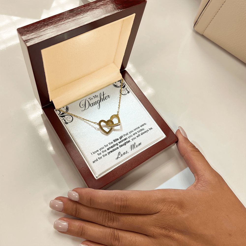 Double hearts necklace gift to my amazing daughter from mon. Gift box with personal message card. I love you for the little girl that you once were, for the amazing woman you are today, and for the precious daughter, you will always be.