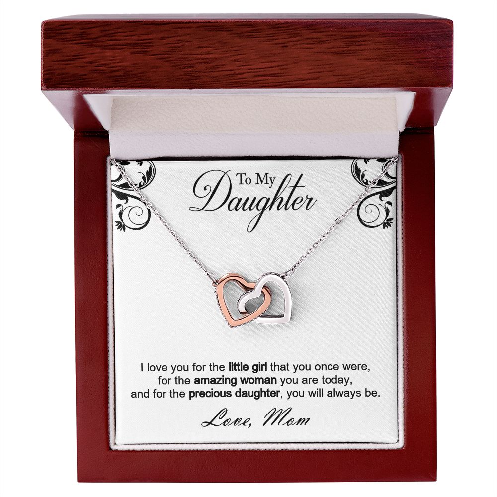 Double hearts necklace gift to my amazing daughter from mon. Gift box with personal message card. I love you for the little girl that you once were, for the amazing woman you are today, and for the precious daughter, you will always be.