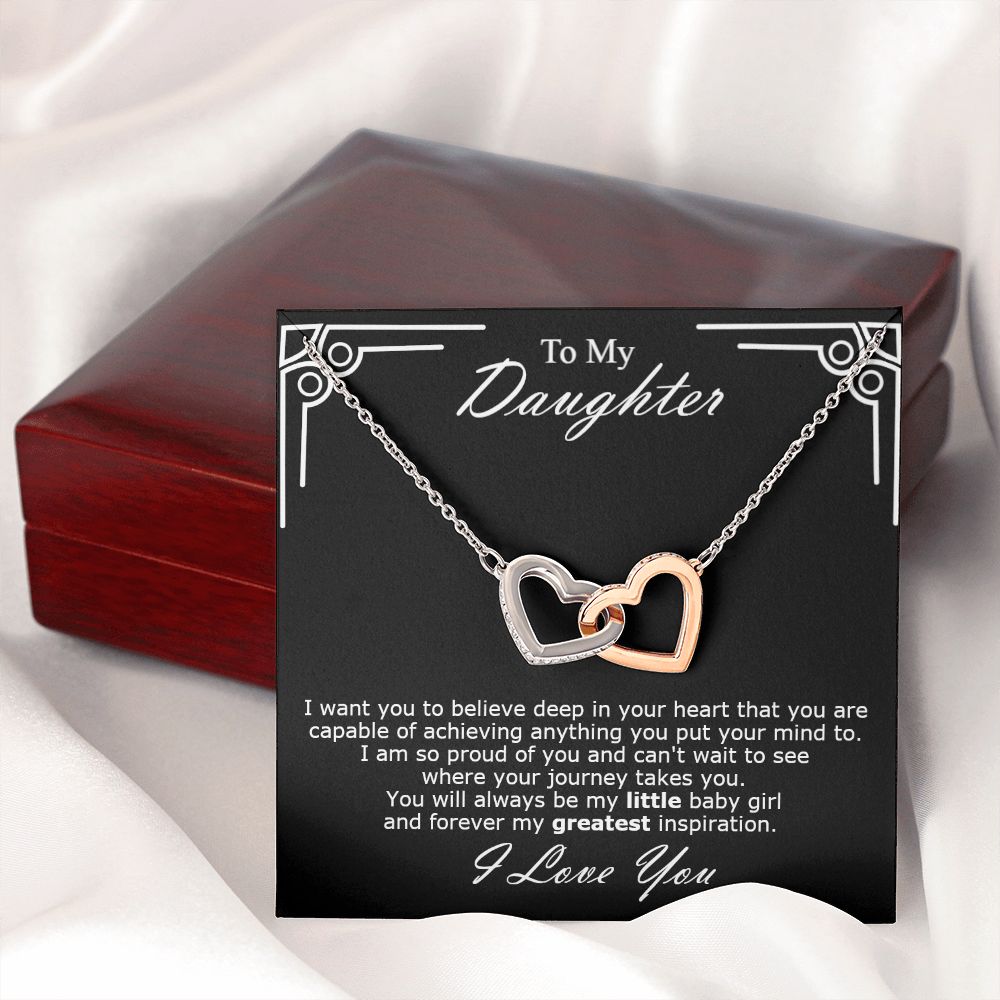 Double hearts necklace gift to my amazing daughter from mon. Gift box with personal message card I want you to believe deep in your heart that you are capable of achieving anything you put your mind to.