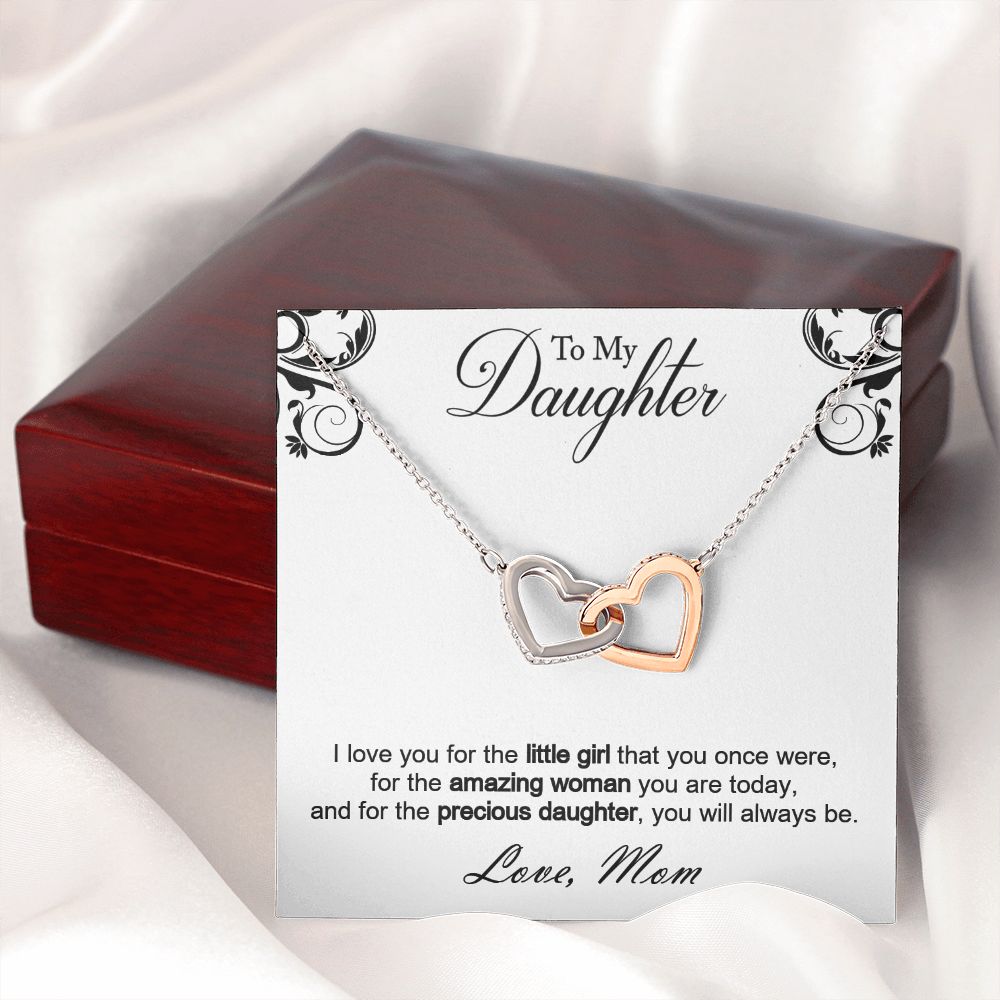 Double hearts necklace gift to my amazing daughter from mon. Gift box with personal message card. I love you for the little girl that you once were, for the amazing woman you are today, and for the precious daughter, you will always be.
