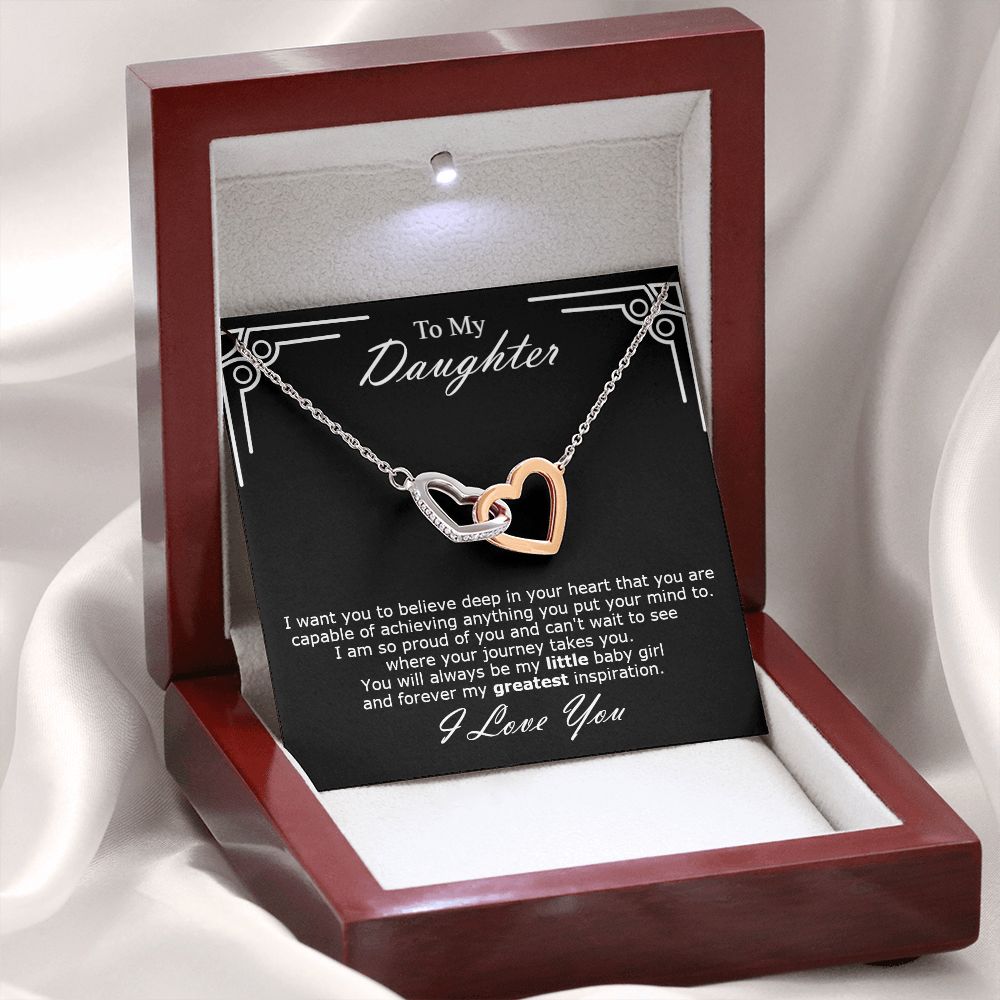 Double hearts necklace gift to my amazing daughter from mon. Gift box with personal message card I want you to believe deep in your heart that you are capable of achieving anything you put your mind to.