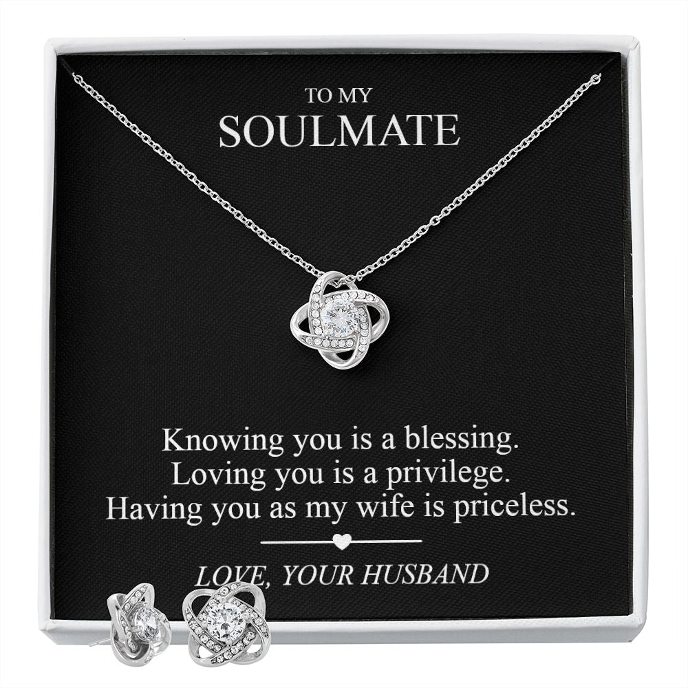 Soulmate Love Knot & Earring Set. Valentines gift for my wife. Husband to wife jewelry set gift box 