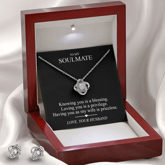 Soulmate Love Knot & Earring Set. Valentines gift for my wife. Husband to wife jewelry set gift box 