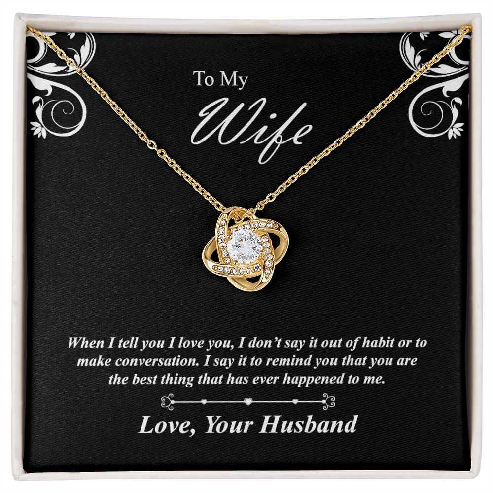 Love knot necklace gift to wife from husband. with personal message card. and jewelry box