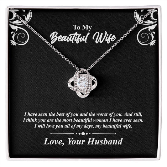 Love knot necklace gift to wife from husband. with personal message card and jewelry box
