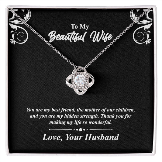 Love knot necklace gift to wife from husband. with personal message card. and jewelry box
