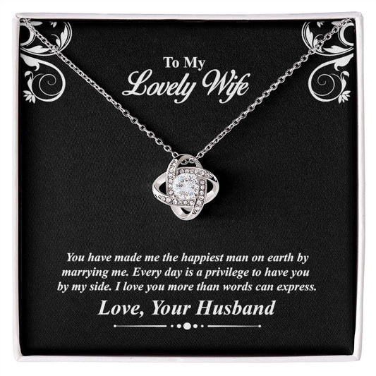 Love knot necklace gift to wife from husband. with personal message card. and jewelry box