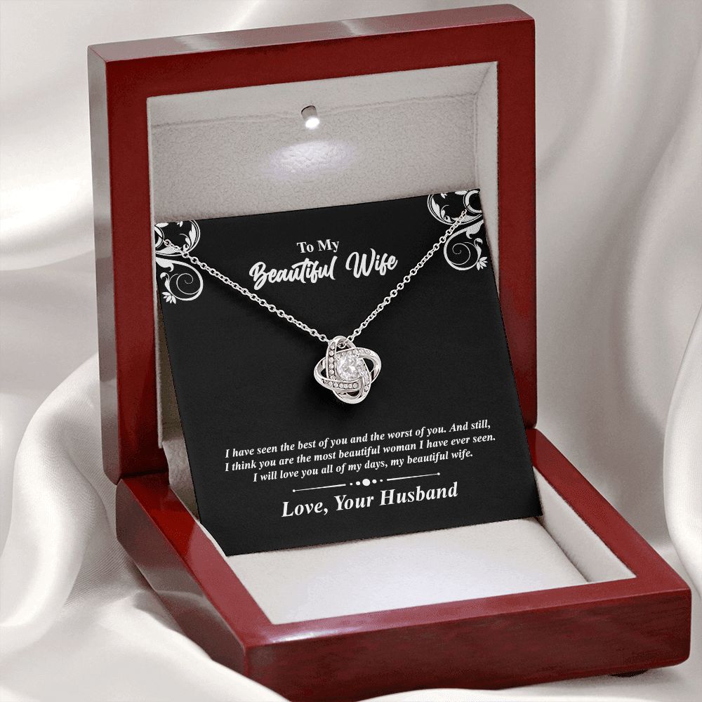 Love knot necklace gift to wife from husband. with personal message card and jewelry box