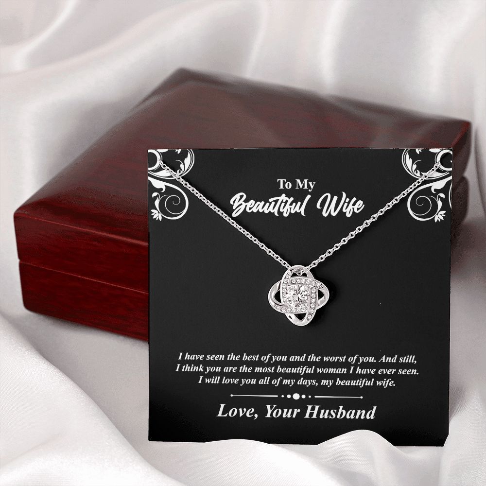 Love knot necklace gift to wife from husband. with personal message card and jewelry box