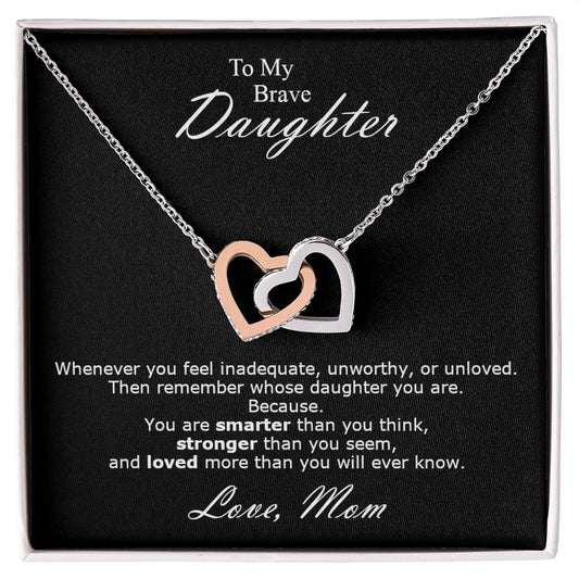 Double hearts necklace gift to my brave daughter from mon. Gift box with personal message card